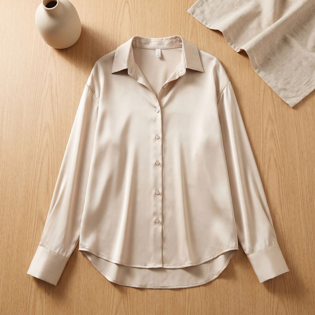 Women's Long-Sleeve Satin Blouse Relaxed Button-Down Shirt - Light Gold