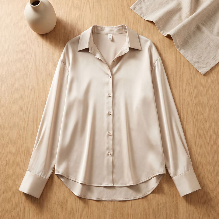 Women's Long-Sleeve Satin Blouse Relaxed Button-Down Shirt - Light Gold