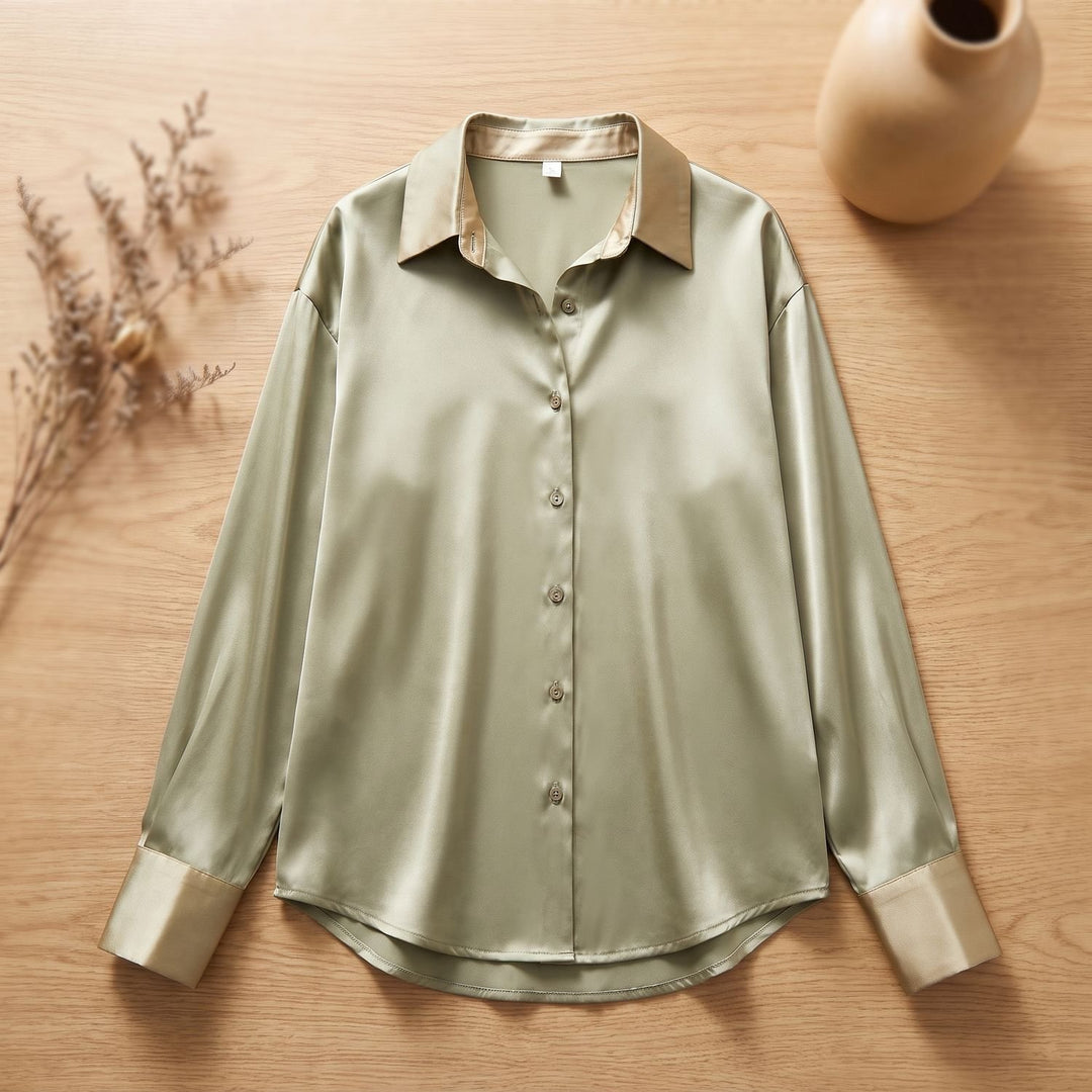 Women's Long-Sleeve Satin Blouse Relaxed Button-Down Shirt - Olive Green