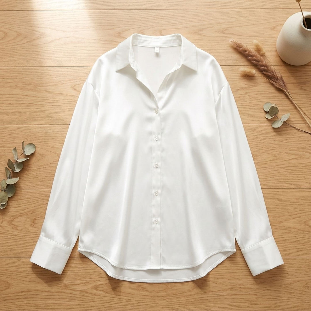 Women's Long-Sleeve Satin Blouse Relaxed Button-Down Shirt - White