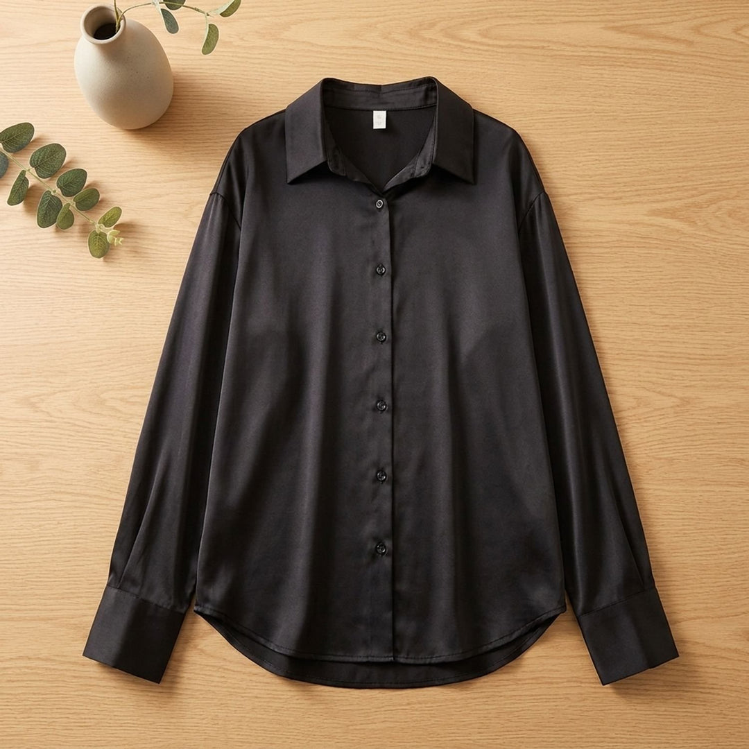 Women's Long-Sleeve Satin Blouse Relaxed Button-Down Shirt - Black