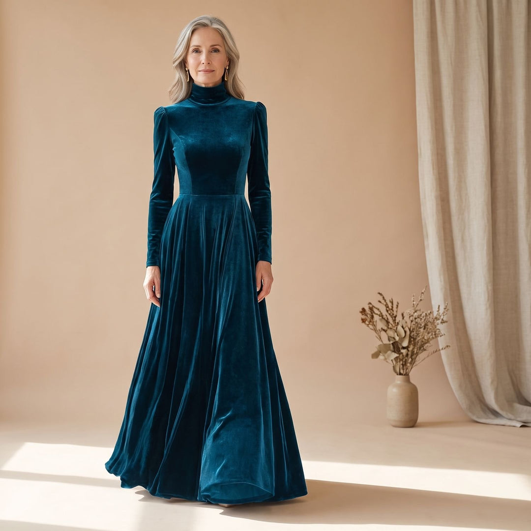 Women's Long-Sleeve Turtleneck Velvet Formal Maxi Dress - Blue