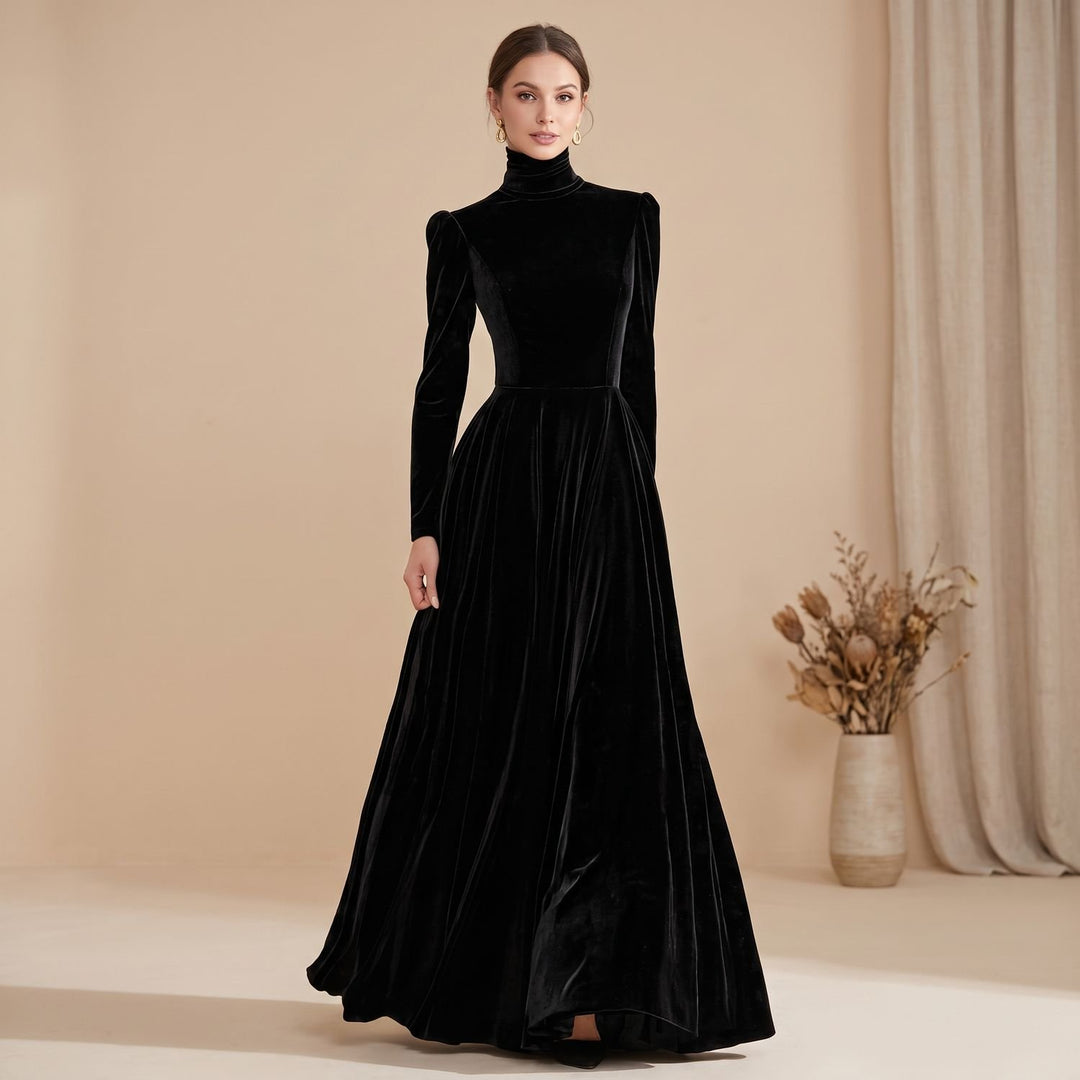 Women's Long-Sleeve Turtleneck Velvet Formal Maxi Dress - Black