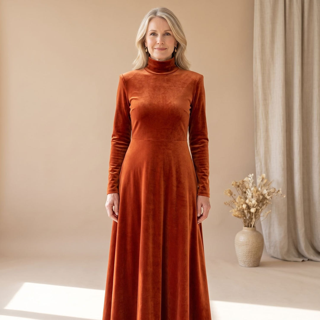Women's Long-Sleeve Turtleneck Velvet Formal Maxi Dress - Orange