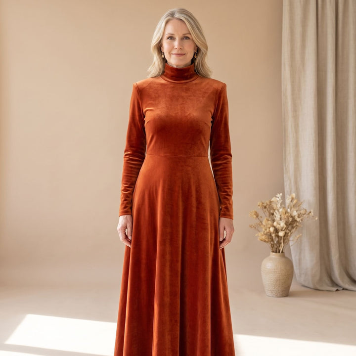 Women's Long-Sleeve Turtleneck Velvet Formal Maxi Dress - Orange