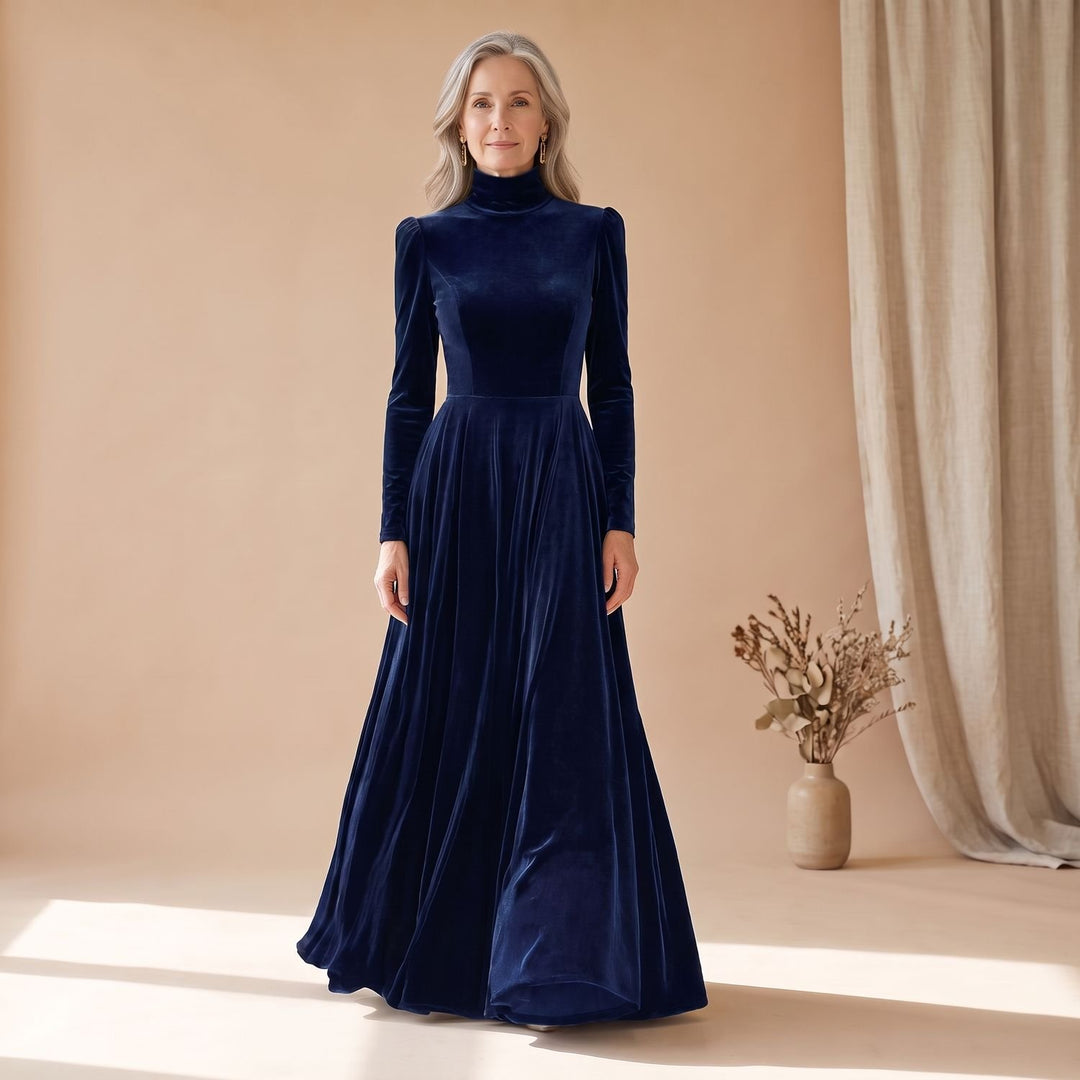 Women's Long-Sleeve Turtleneck Velvet Formal Maxi Dress - Dark Blue