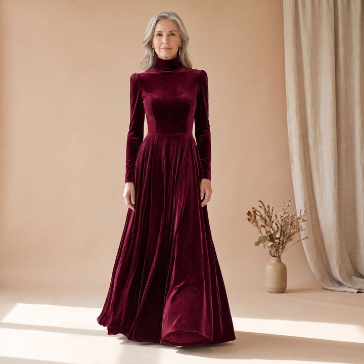 Women's Long-Sleeve Turtleneck Velvet Formal Maxi Dress - Red