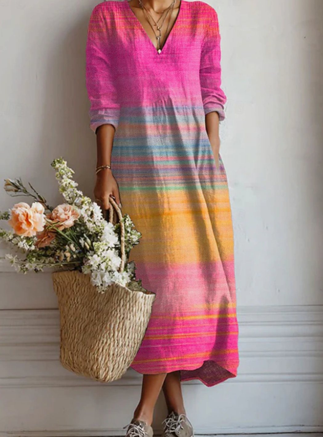 Women's Long Sleeve V-Neck Rainbow Striped Maxi Fall Dress - Multicolor