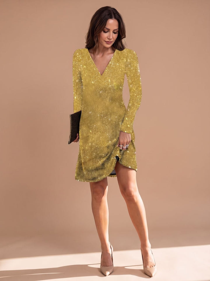 Women's Long-Sleeve V-Neck Sequin Christmas Party Mini Dress