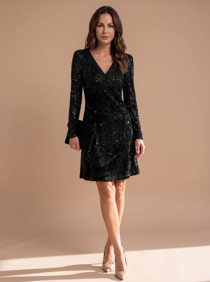 Women's Long-Sleeve V-Neck Sequin Christmas Party Mini Dress