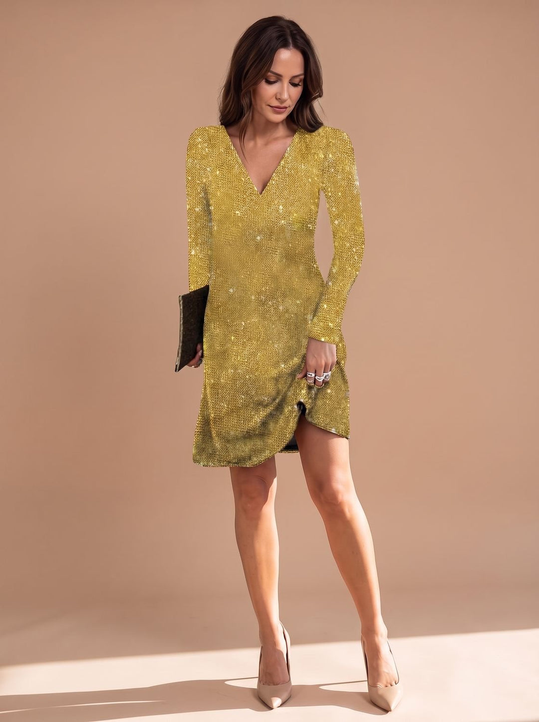 Women's Long-Sleeve V-Neck Sequin Christmas Party Mini Dress - Yellow