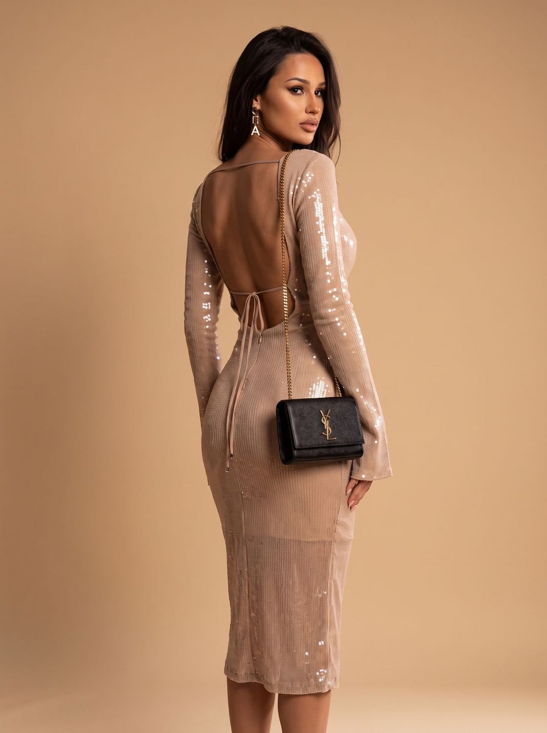 Women's Long-Sleeve V-Neck Sequin Maxi Dress