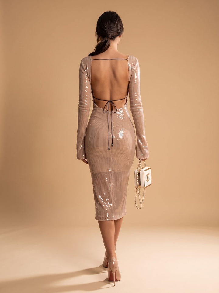 Women's Long-Sleeve V-Neck Sequin Maxi Dress