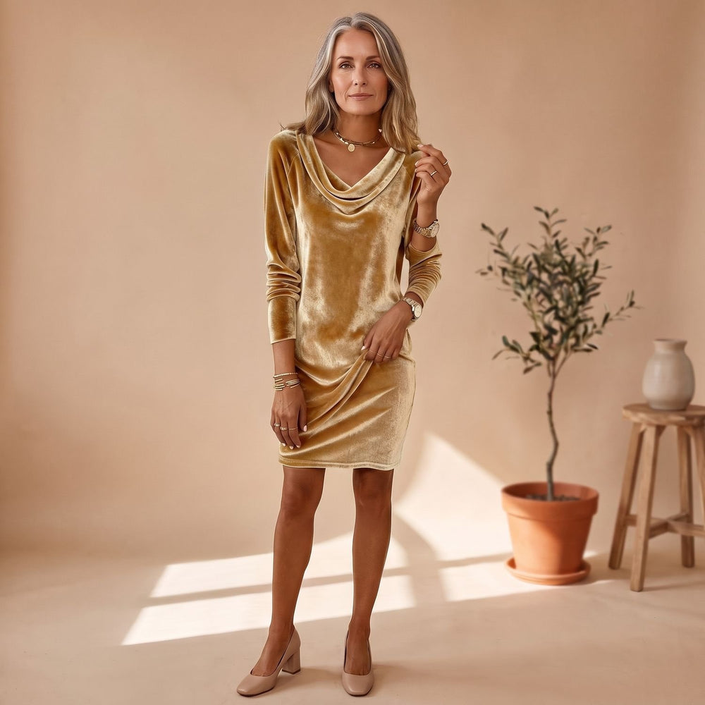 Women's Long Sleeve Velvet Cowl-Neck A-Line Dress - Gold