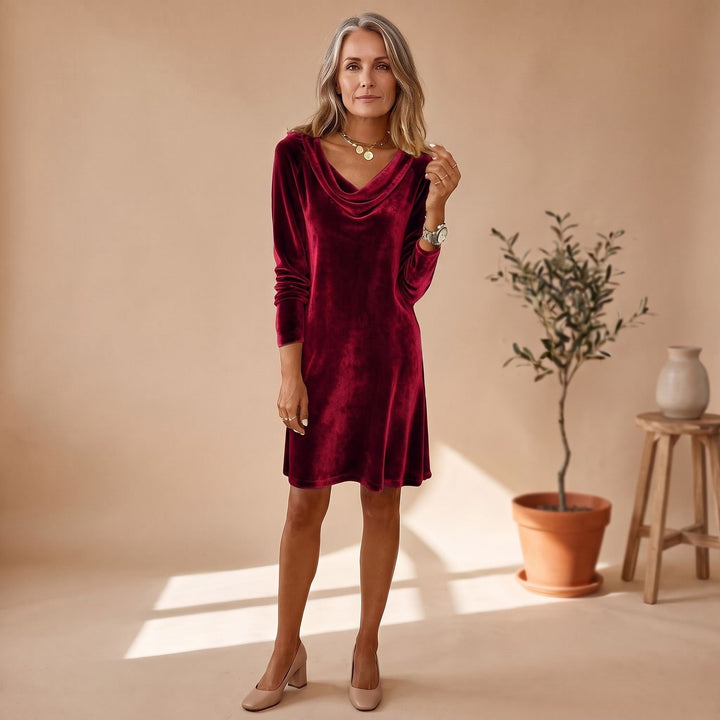 Women's Long Sleeve Velvet Cowl-Neck A-Line Dress - Red