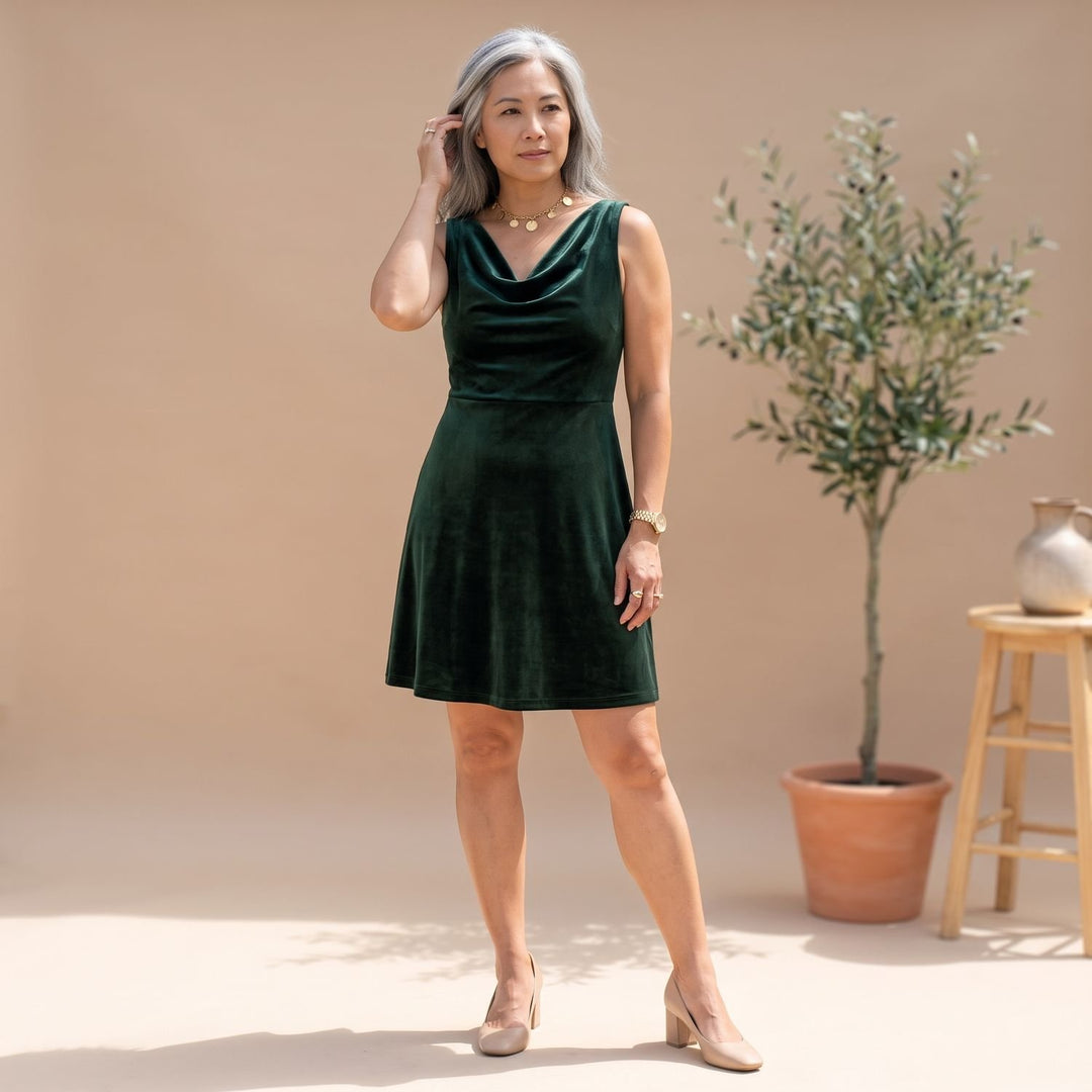Women's Long Sleeve Velvet Cowl-Neck A-Line Dress - Green