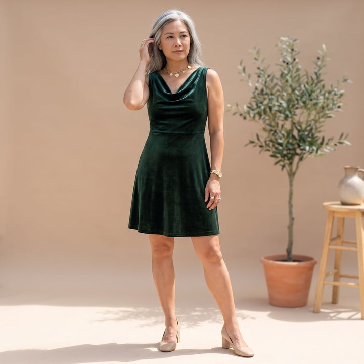 Women's Long Sleeve Velvet Cowl-Neck A-Line Dress - Green