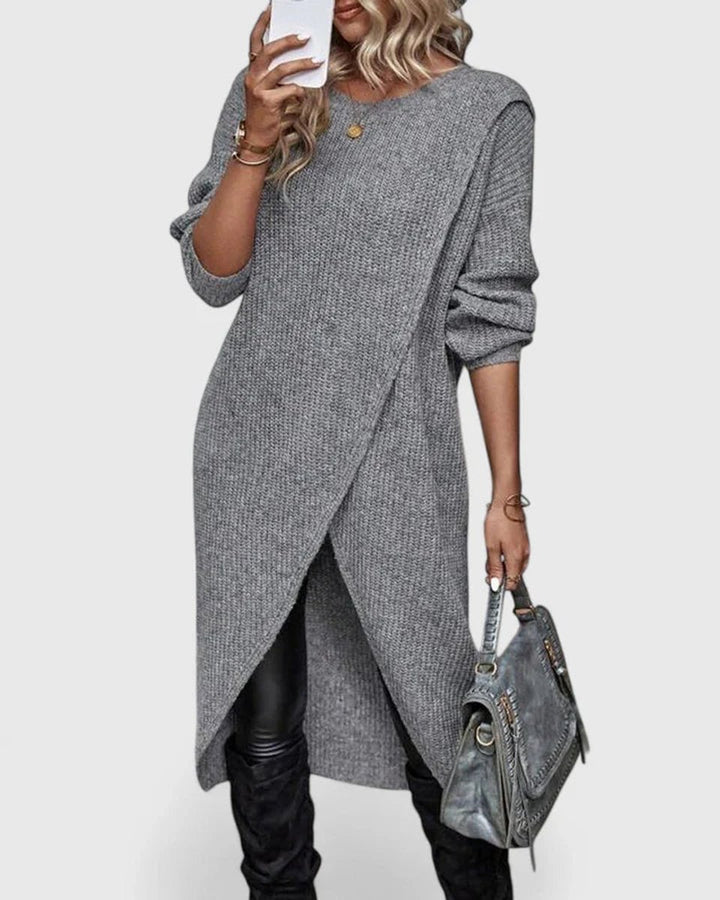 Women's Long-Sleeve Wrap-Hem Knit Sweater Dress - Gray