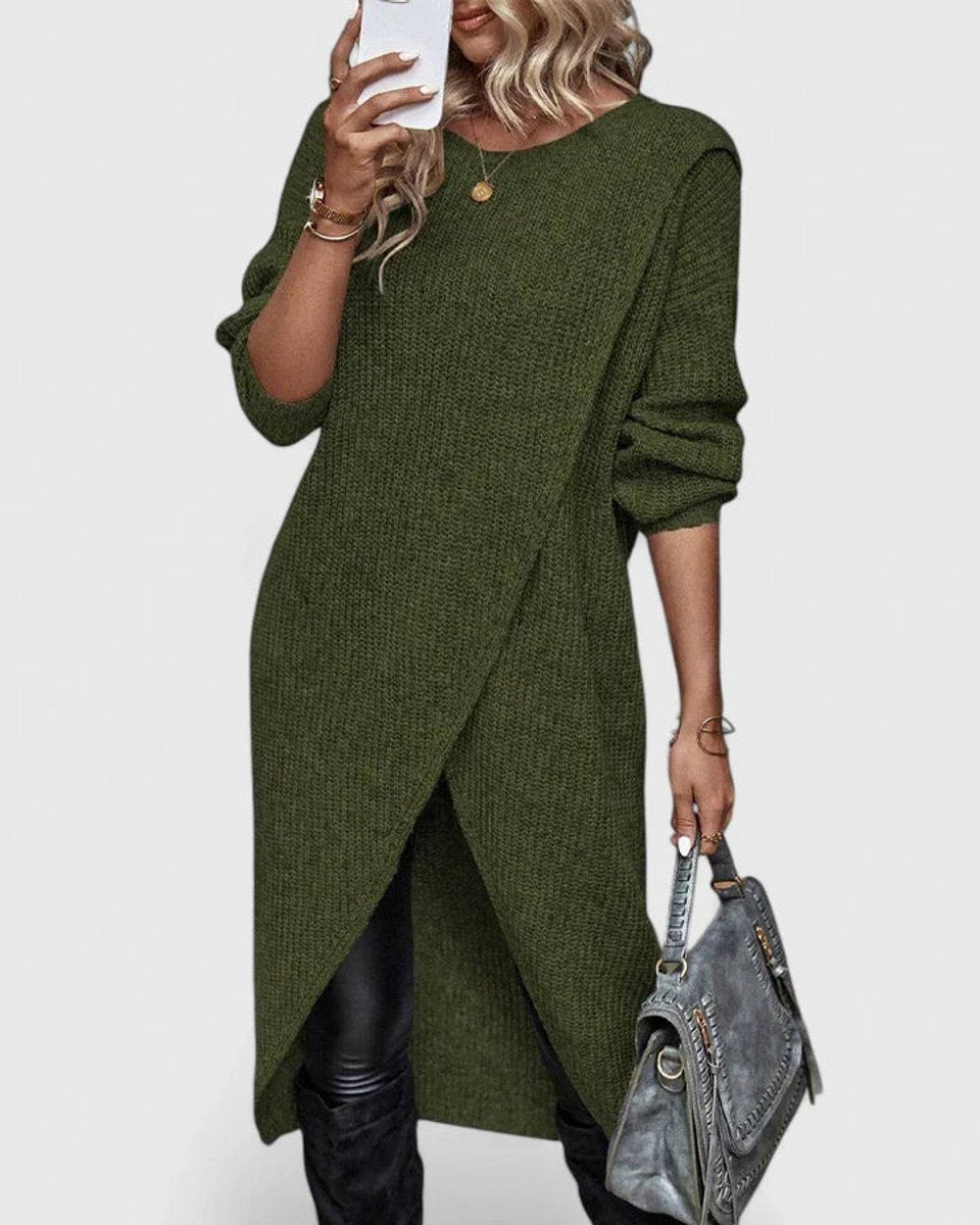 Women's Long-Sleeve Wrap-Hem Knit Sweater Dress - Green