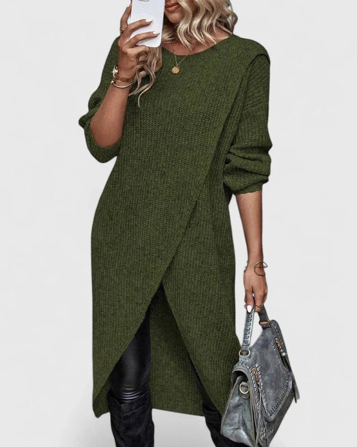 Women's Long-Sleeve Wrap-Hem Knit Sweater Dress - Green