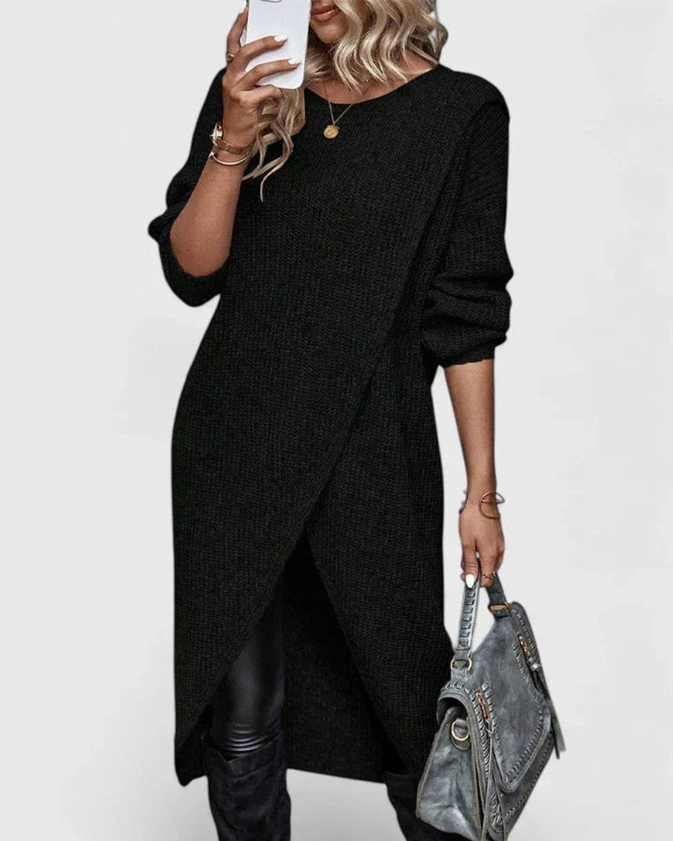 Women's Long-Sleeve Wrap-Hem Knit Sweater Dress - Black