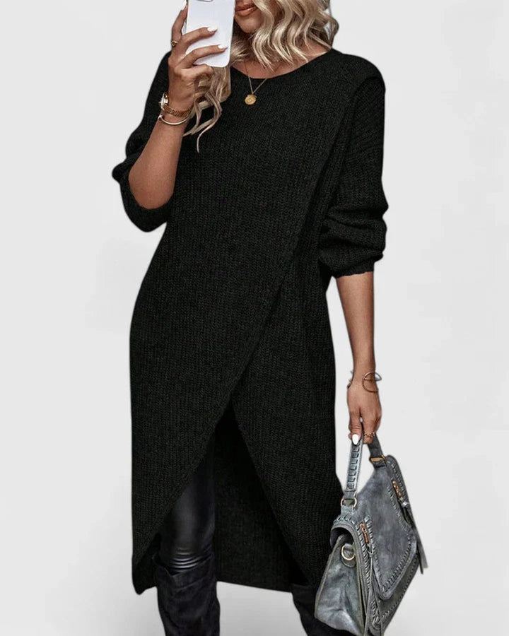 Women's Long-Sleeve Wrap-Hem Knit Sweater Dress - Black
