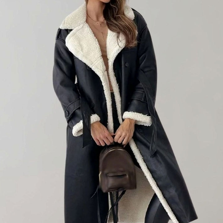 Women's Long Teddy Winter Coat Double-Breasted Sherpa Belted - Black