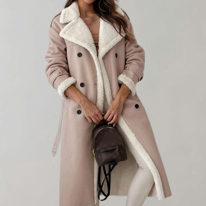 Women's Long Teddy Winter Coat Double-Breasted Sherpa Belted - Khaki