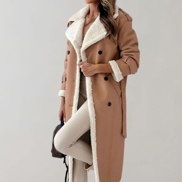 Women's Long Teddy Winter Coat Double-Breasted Sherpa Belted - Apricot