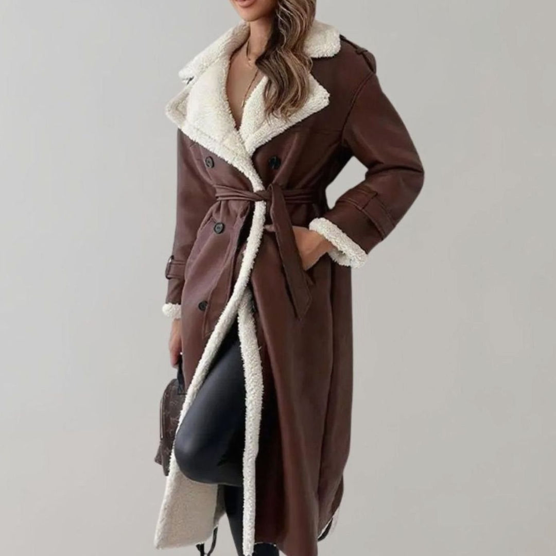 Women's Long Teddy Winter Coat Double-Breasted Sherpa Belted - Brown