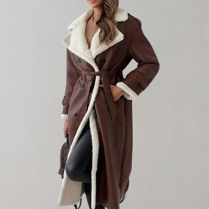 Women's Long Teddy Winter Coat Double-Breasted Sherpa Belted - Brown