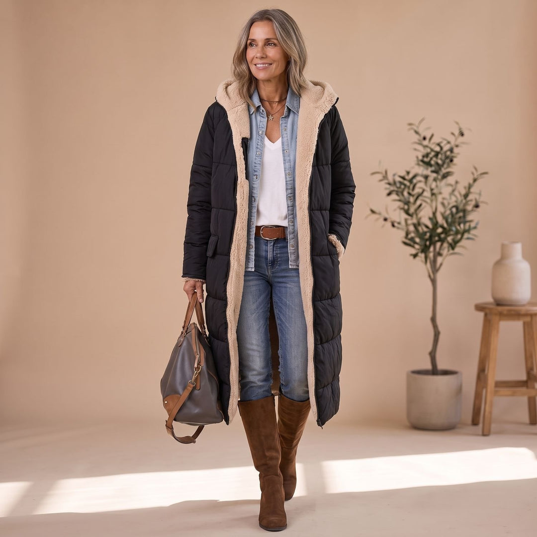Women's Long Winter Puffer Coat Sherpa Teddy Lined Hooded Overcoat - Black