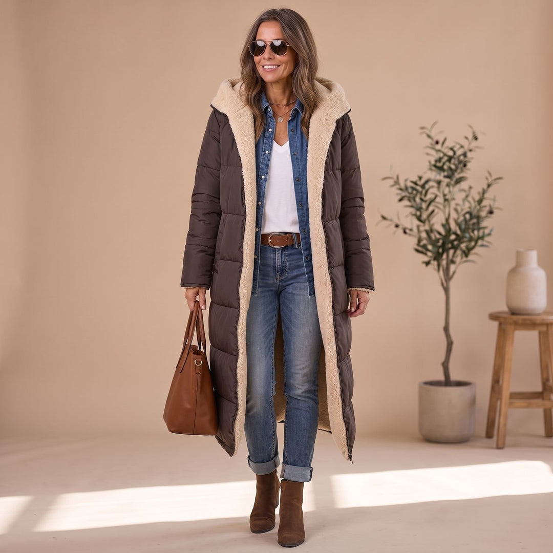 Women's Long Winter Puffer Coat Sherpa Teddy Lined Hooded Overcoat - Brown