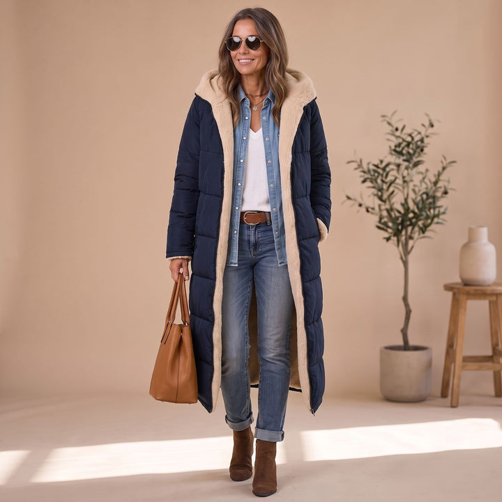 Women's Long Winter Puffer Coat Sherpa Teddy Lined Hooded Overcoat - Navy Blue
