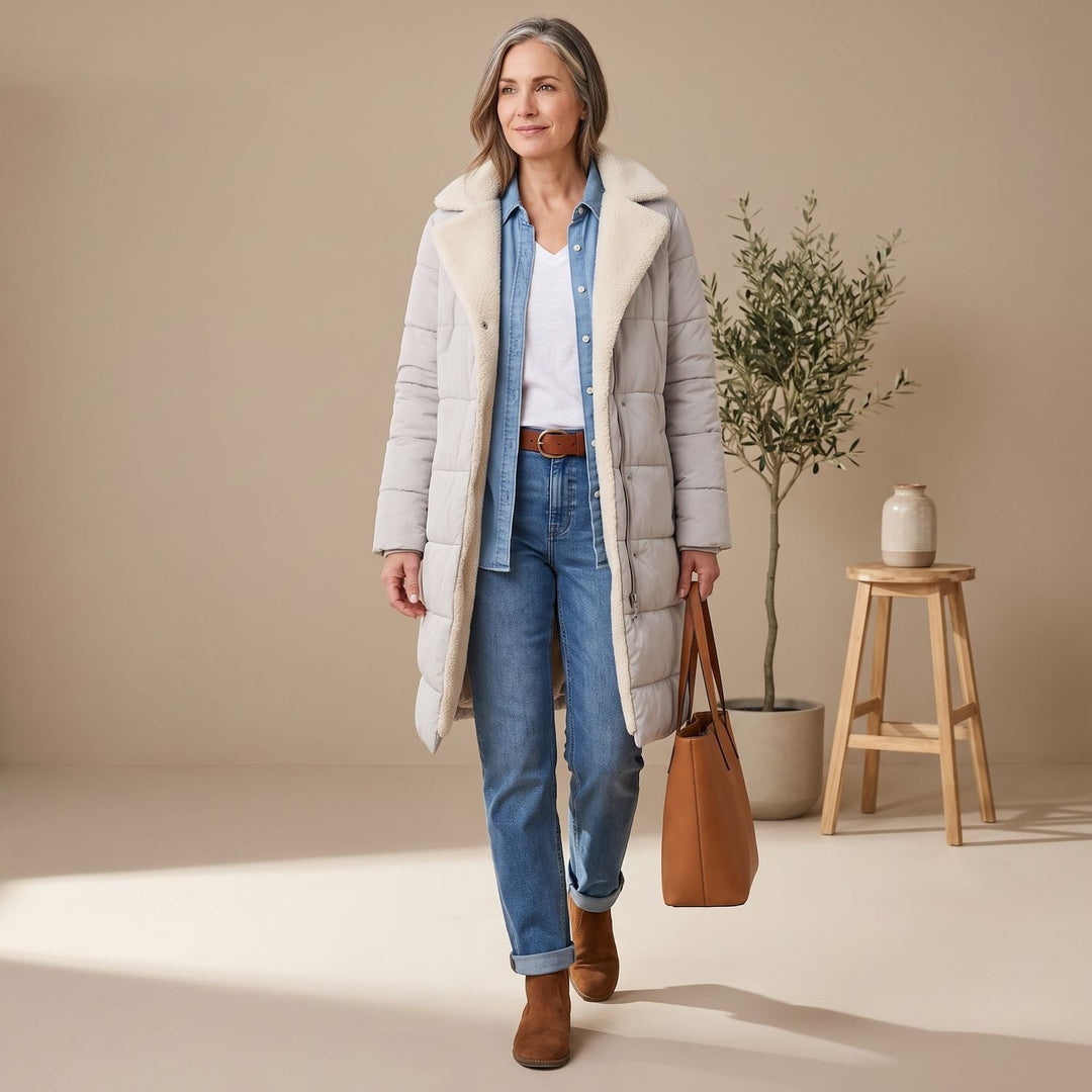 Women's Long Winter Puffer Coat Sherpa Teddy Lined Hooded Overcoat - Gray