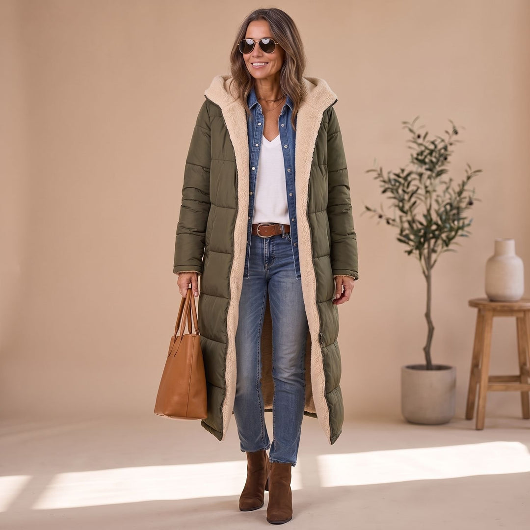 Women's Long Winter Puffer Coat Sherpa Teddy Lined Hooded Overcoat - Green