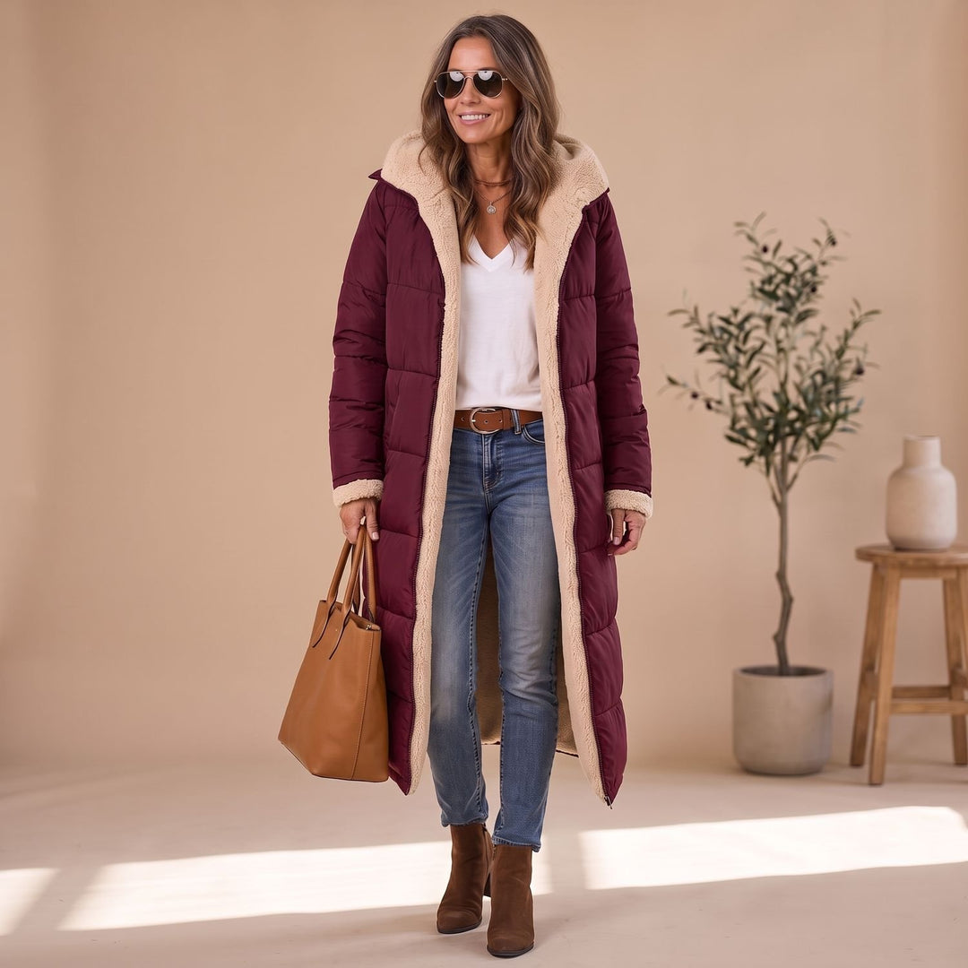 Women's Long Winter Puffer Coat Sherpa Teddy Lined Hooded Overcoat - Wine Red