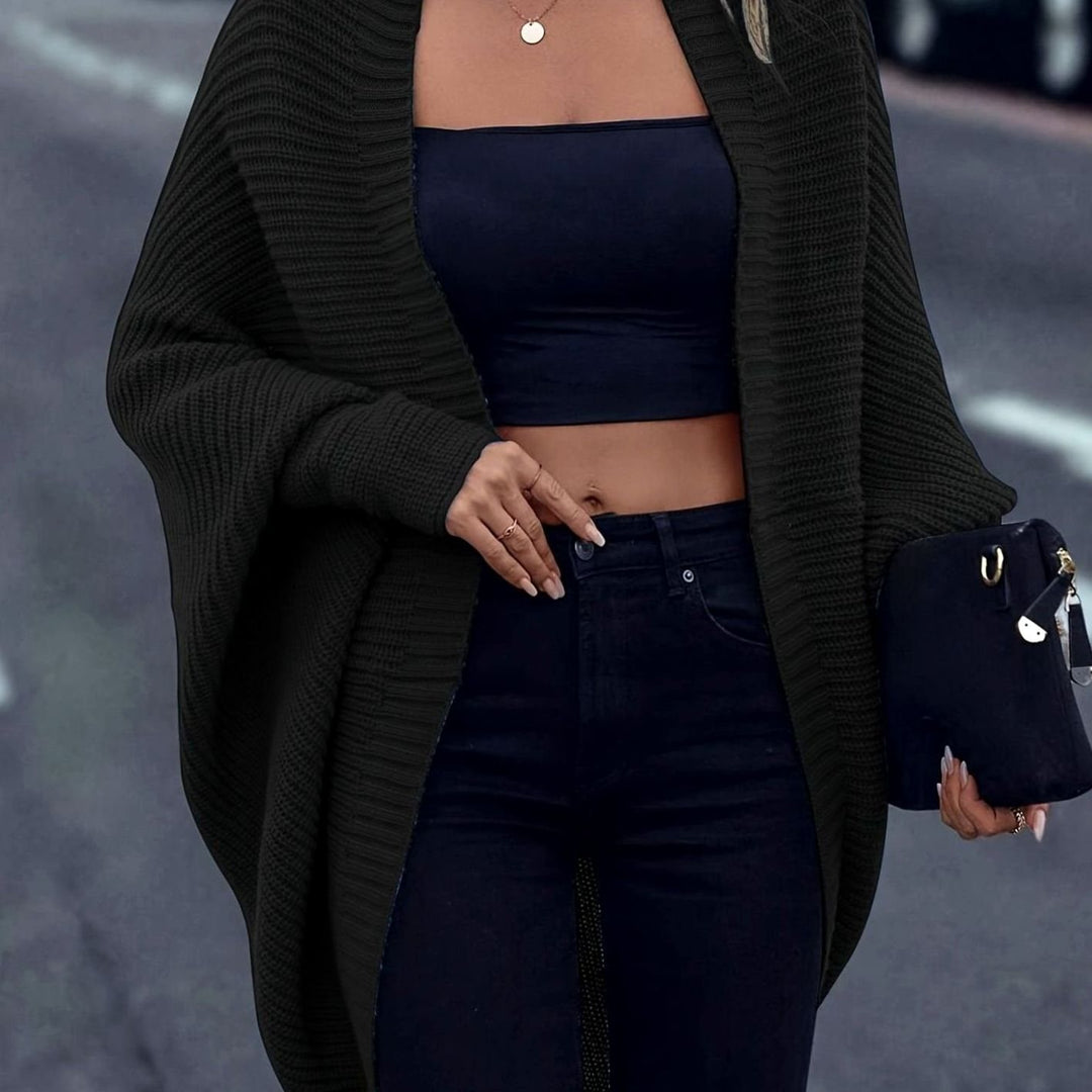 Women's Longline Batwing-Sleeve Open-Front Knit Cardigan - Black