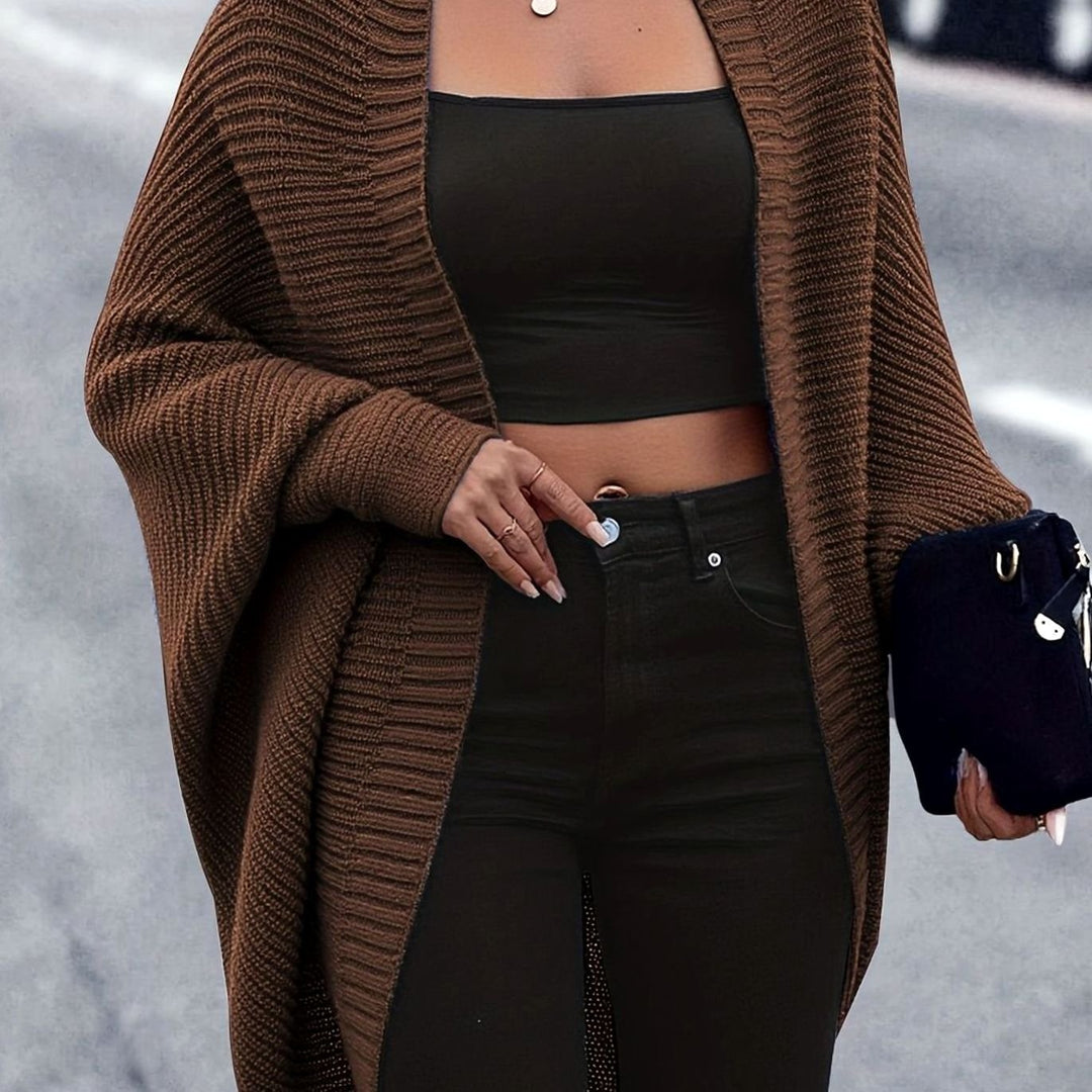 Women's Longline Batwing-Sleeve Open-Front Knit Cardigan - Coffee Brown
