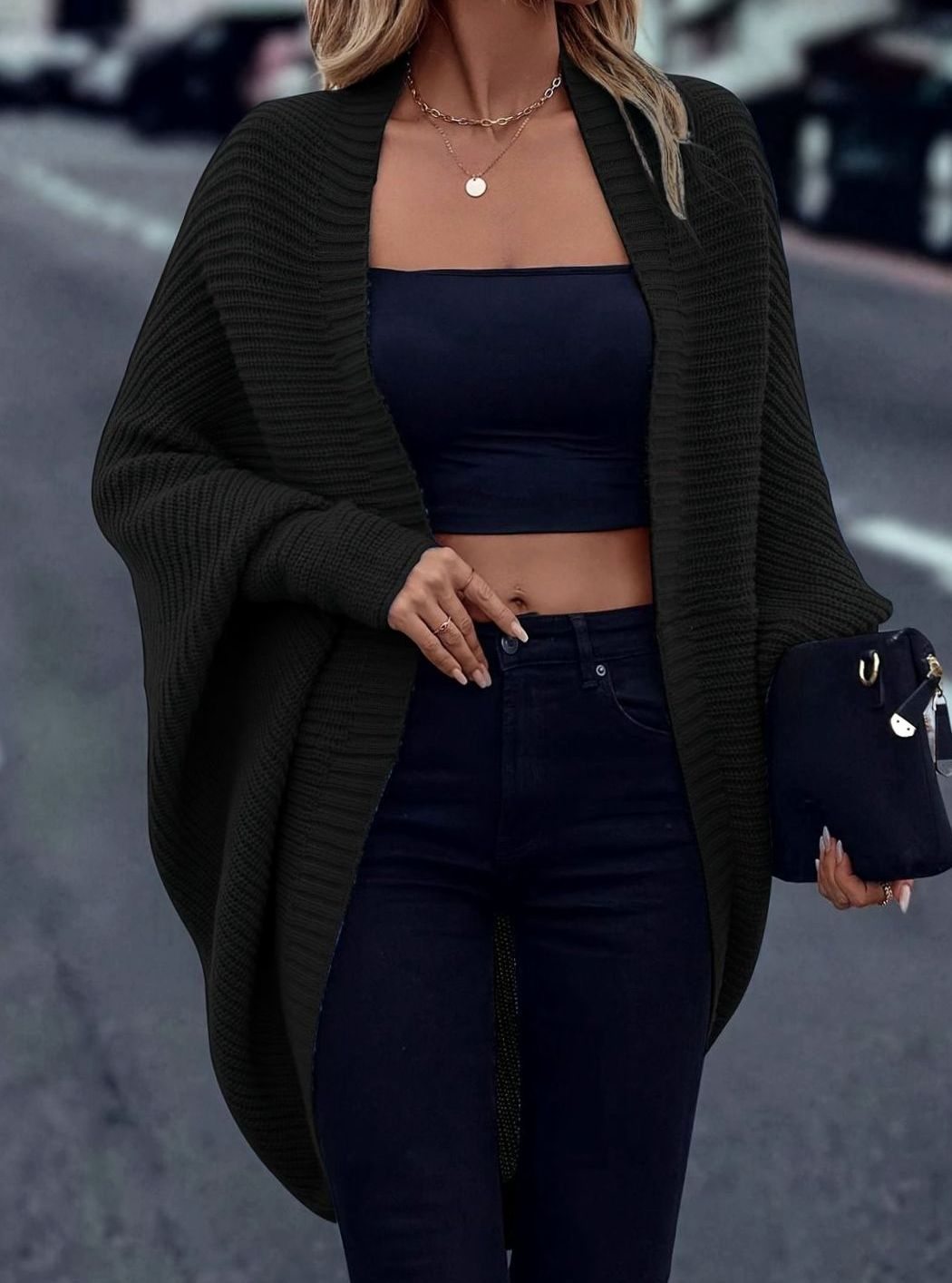 Women's Longline Batwing-Sleeve Open-Front Knit Cardigan