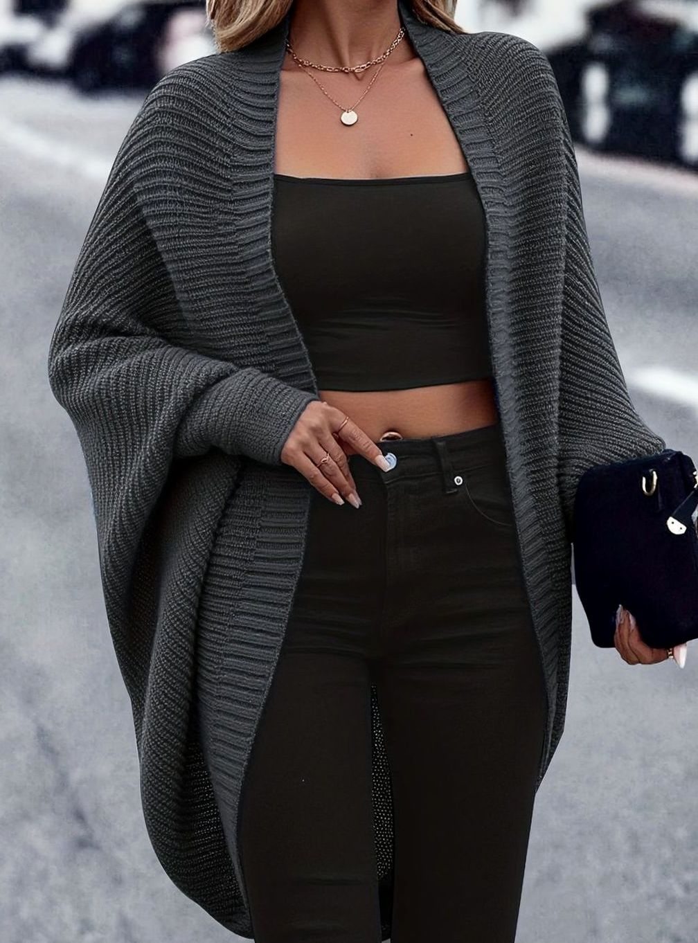 Women's Longline Batwing-Sleeve Open-Front Knit Cardigan