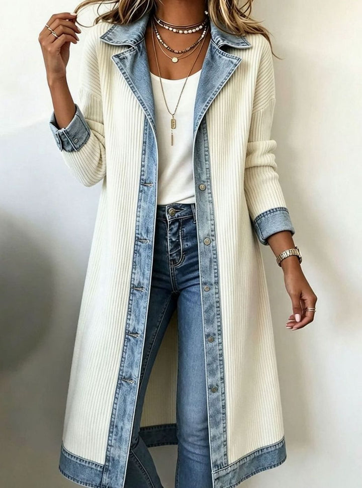 Women's Longline Denim-Trim Ribbed Open-Front Cardigan - White
