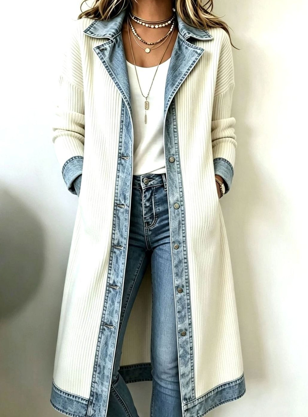Women's Longline Denim-Trim Ribbed Open-Front Cardigan