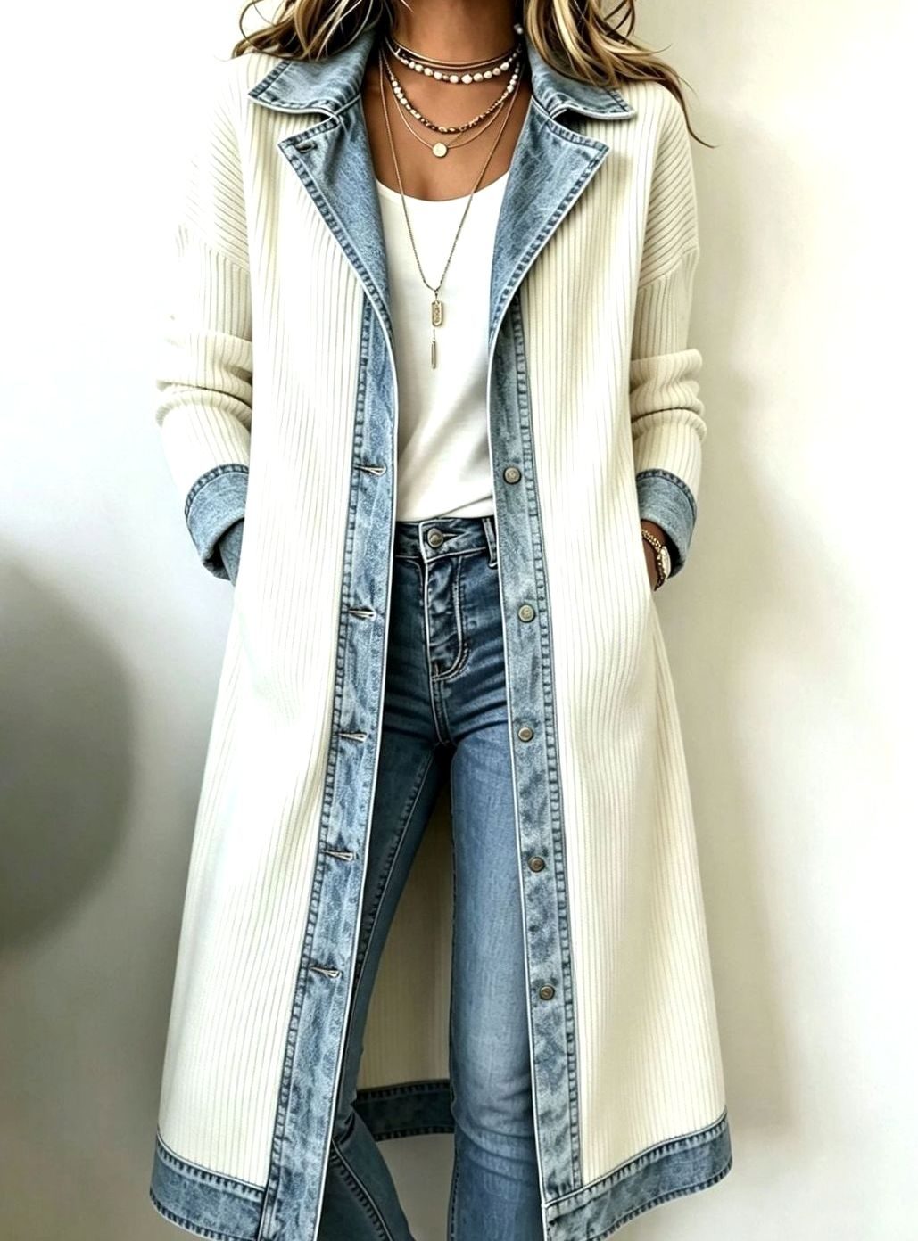 Women's Longline Denim-Trim Ribbed Open-Front Cardigan