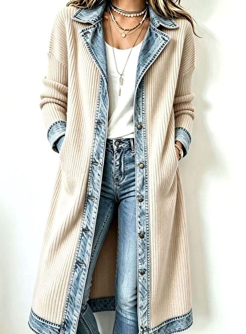 Women's Longline Denim-Trim Ribbed Open-Front Cardigan - Beige