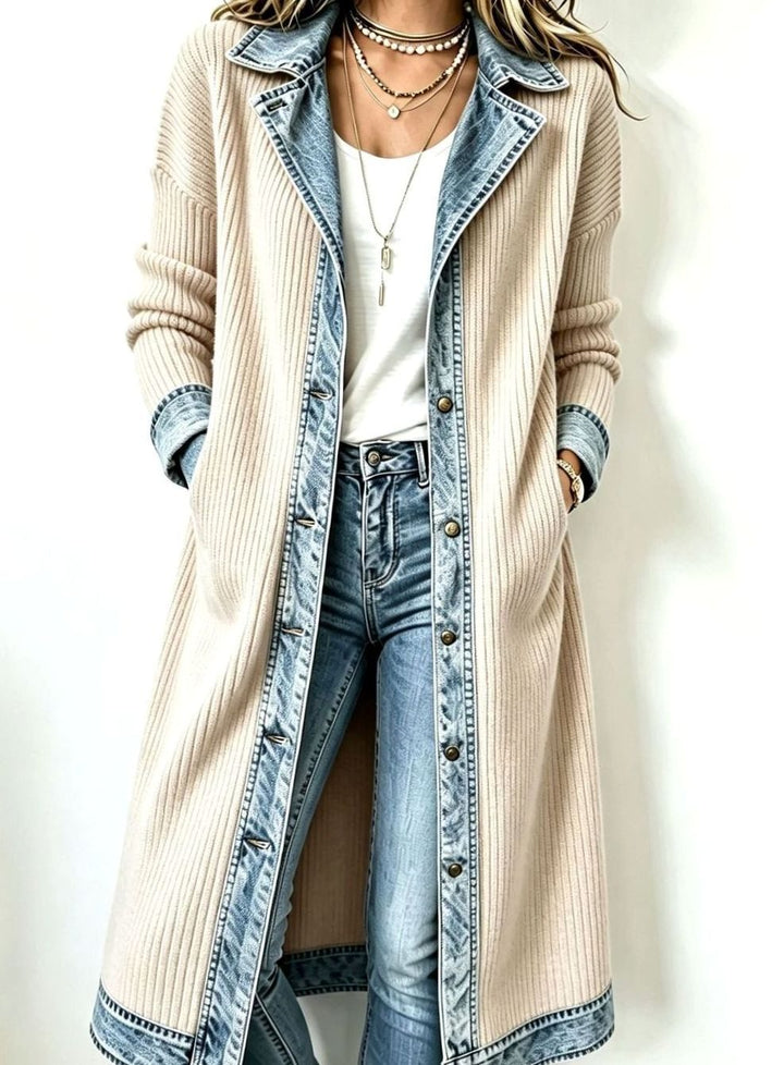 Women's Longline Denim-Trim Ribbed Open-Front Cardigan - Beige