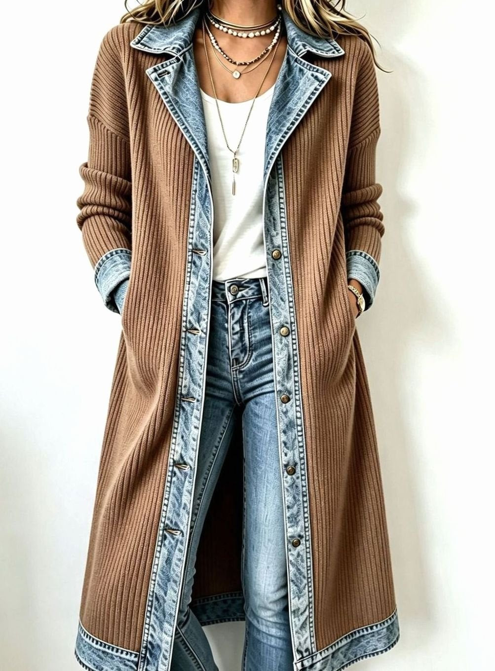 Women's Longline Denim-Trim Ribbed Open-Front Cardigan - Khaki