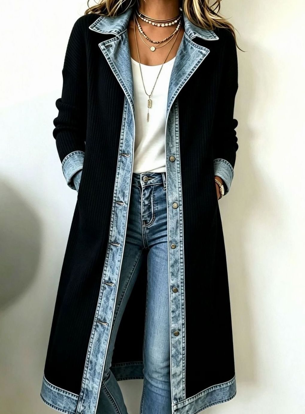 Women's Longline Denim-Trim Ribbed Open-Front Cardigan - Black