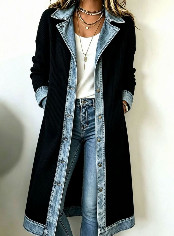 Women's Longline Denim-Trim Ribbed Open-Front Cardigan - Black