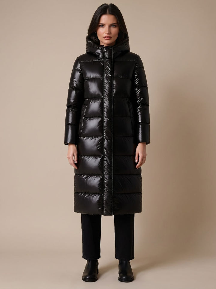 Women's Longline Quilted Hooded Puffer Jacket - Black